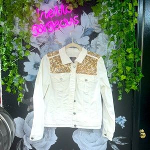 Custom made white jean jacket with beautiful champagne embellishments